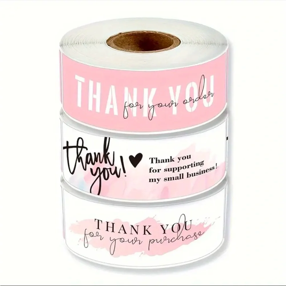 3-Pack Semi-Glossy Pulp Thank You Stickers, 120pcs/Roll, Pink Rectangle Shape